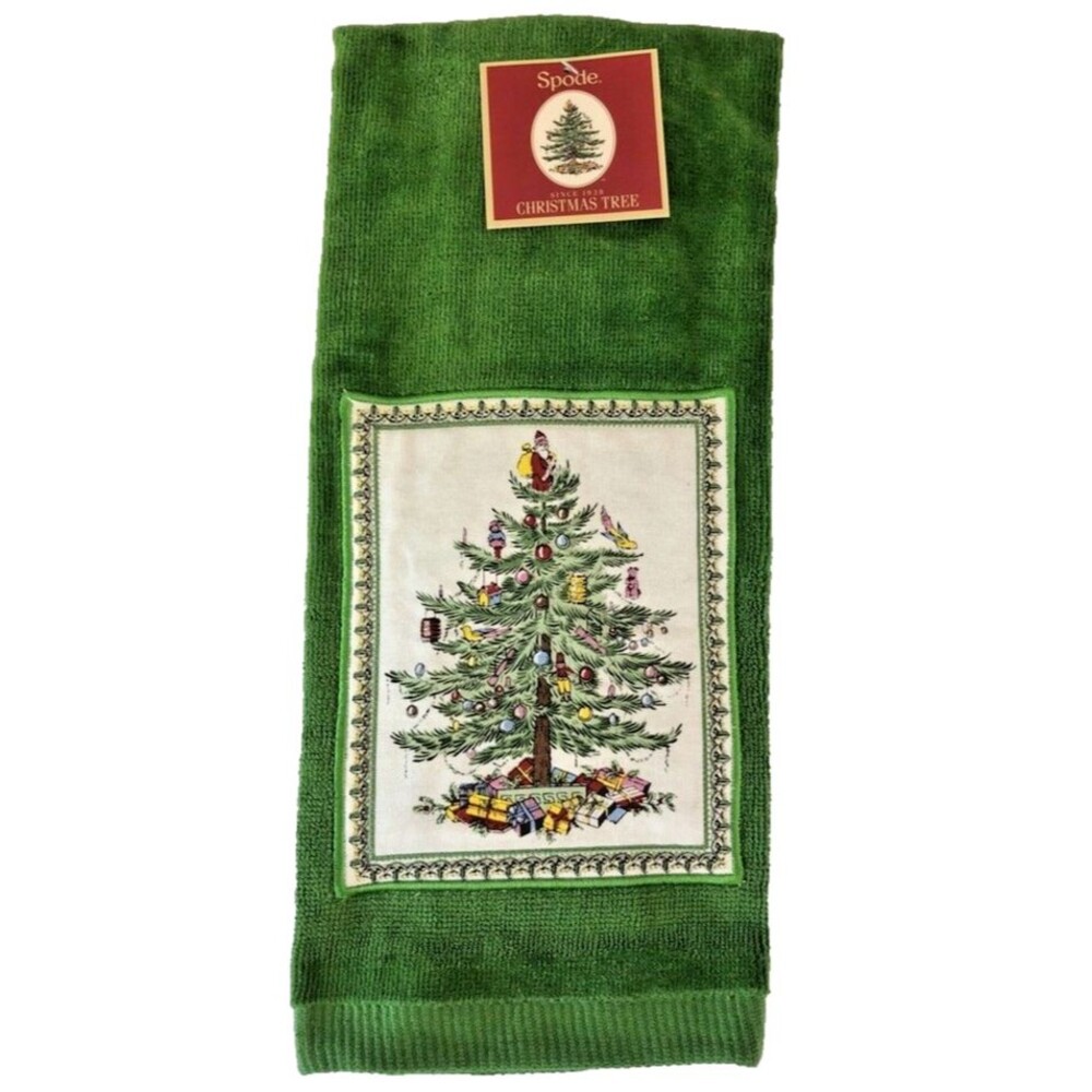 Spode Christmas Tree Kitchen Dish Towels Set of 2 Green Appliqued 100% Cotton